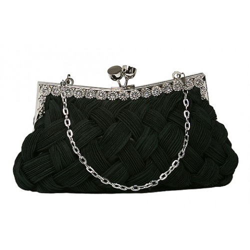 Evening Bag - Woven Braided Clutch w/ Rhinestone Accents Frame - Black - BG-HE1021BK